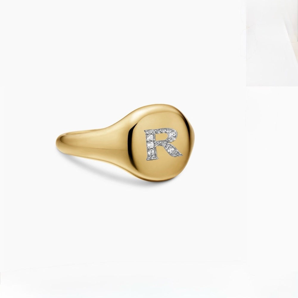 David Yurman Gold Signet Ring with Pavé 'R' in Diamond Accent